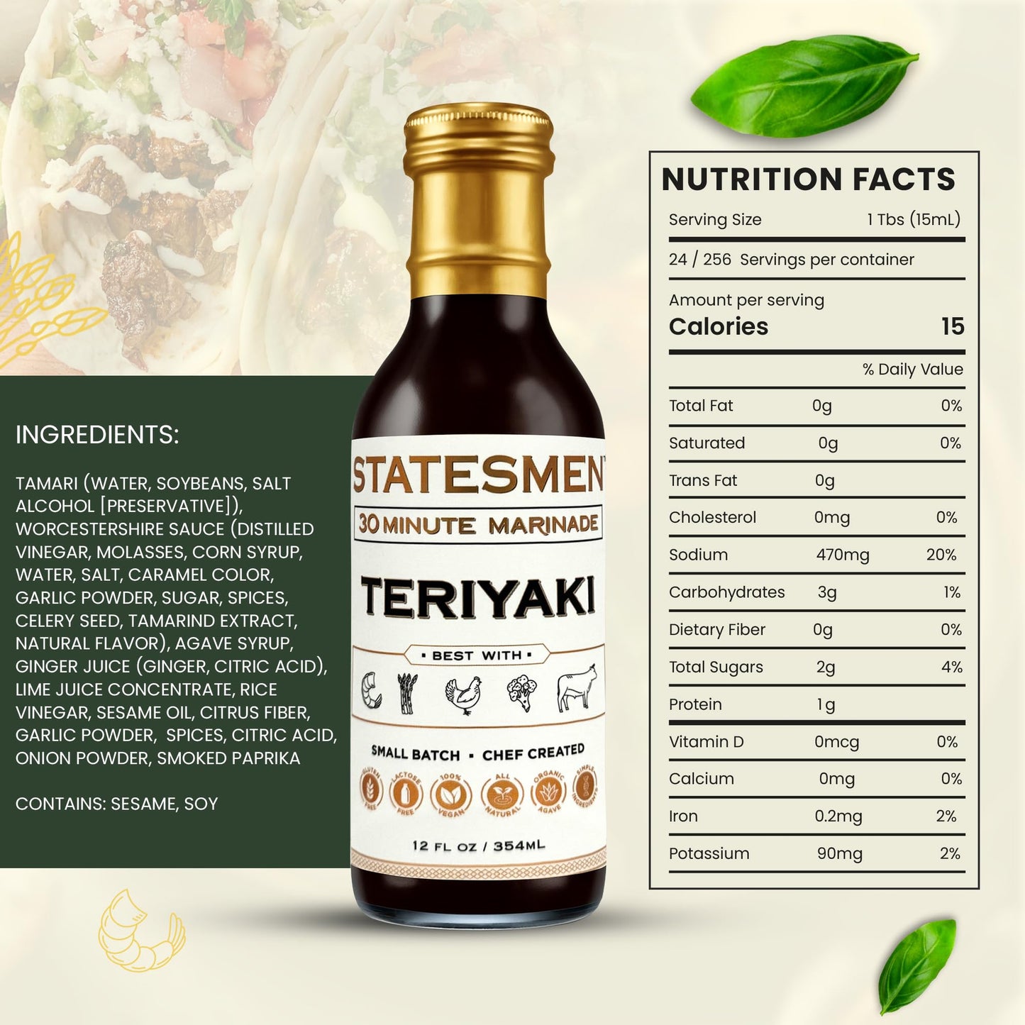 Statesmen Teriyaki 30 Minute Marinade, 12 oz - Gluten-Free, Vegan, Lactose-Free Japanese-Style Marinade for Chicken, Shrimp, Beef & Vegetables
