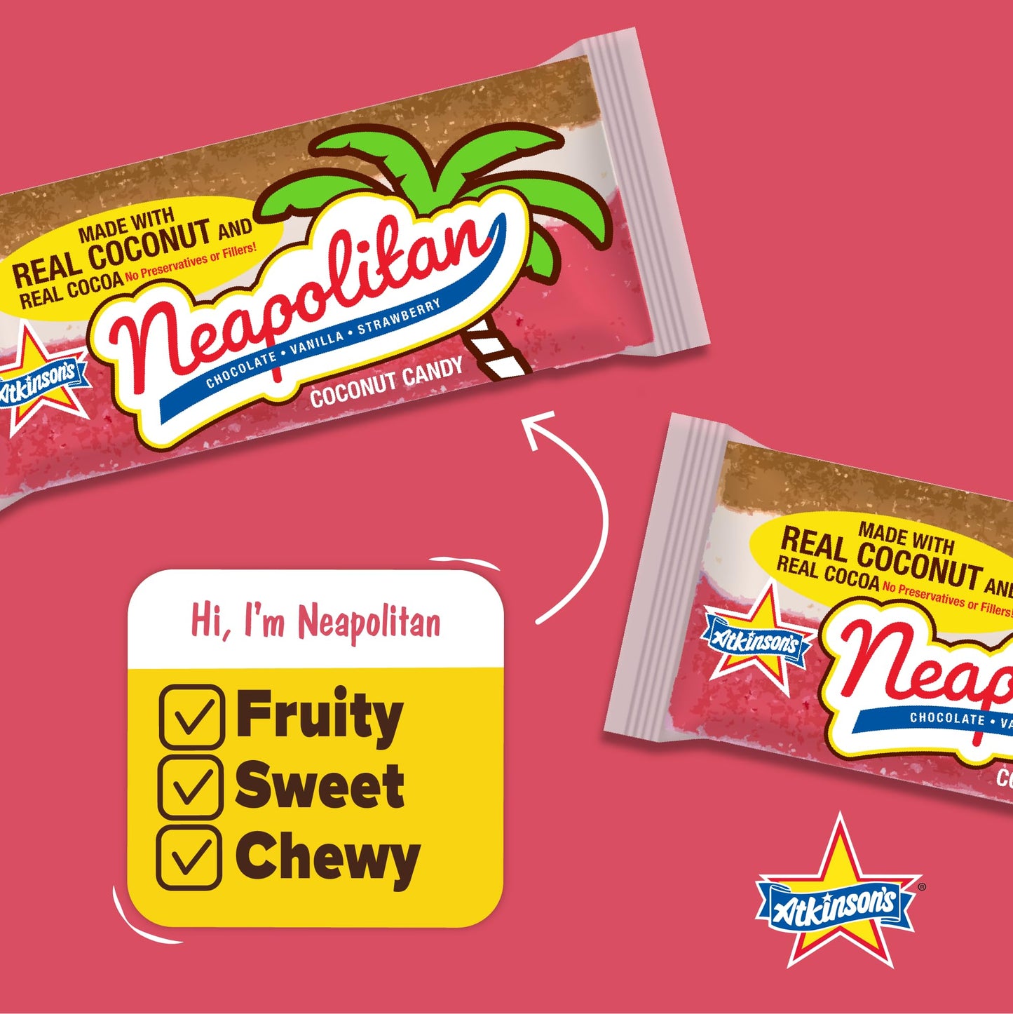 Atkinson's Neapolitan Coconut Bar Strawberry Vanilla Chocolate 1.65oz 24ct Pack