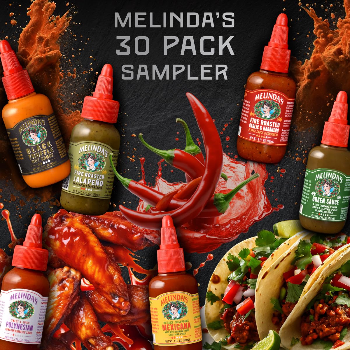 Melinda's Mini Hot Sauce Variety Pack - 30 Pack (2 Oz Each) - Gourmet Hot Sauce Gift Set with Travel Friendly Mini Bottles in 6+ Flavors