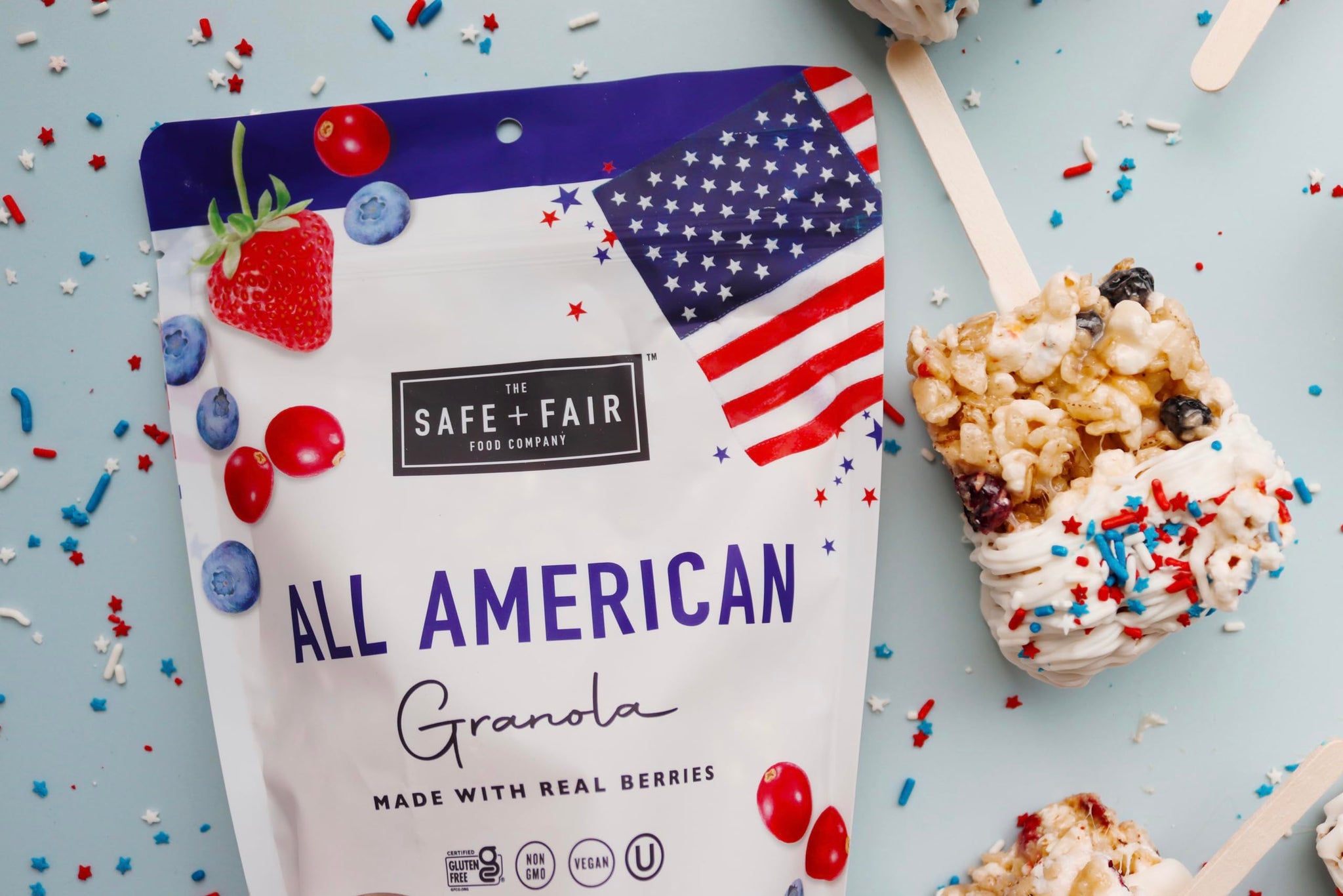 Safe + Fair All American Granola - Gluten-Free & Vegan Snack - Whole Grain Oats with Real Strawberries, Blueberries, and Cranberries - Non-GMO
