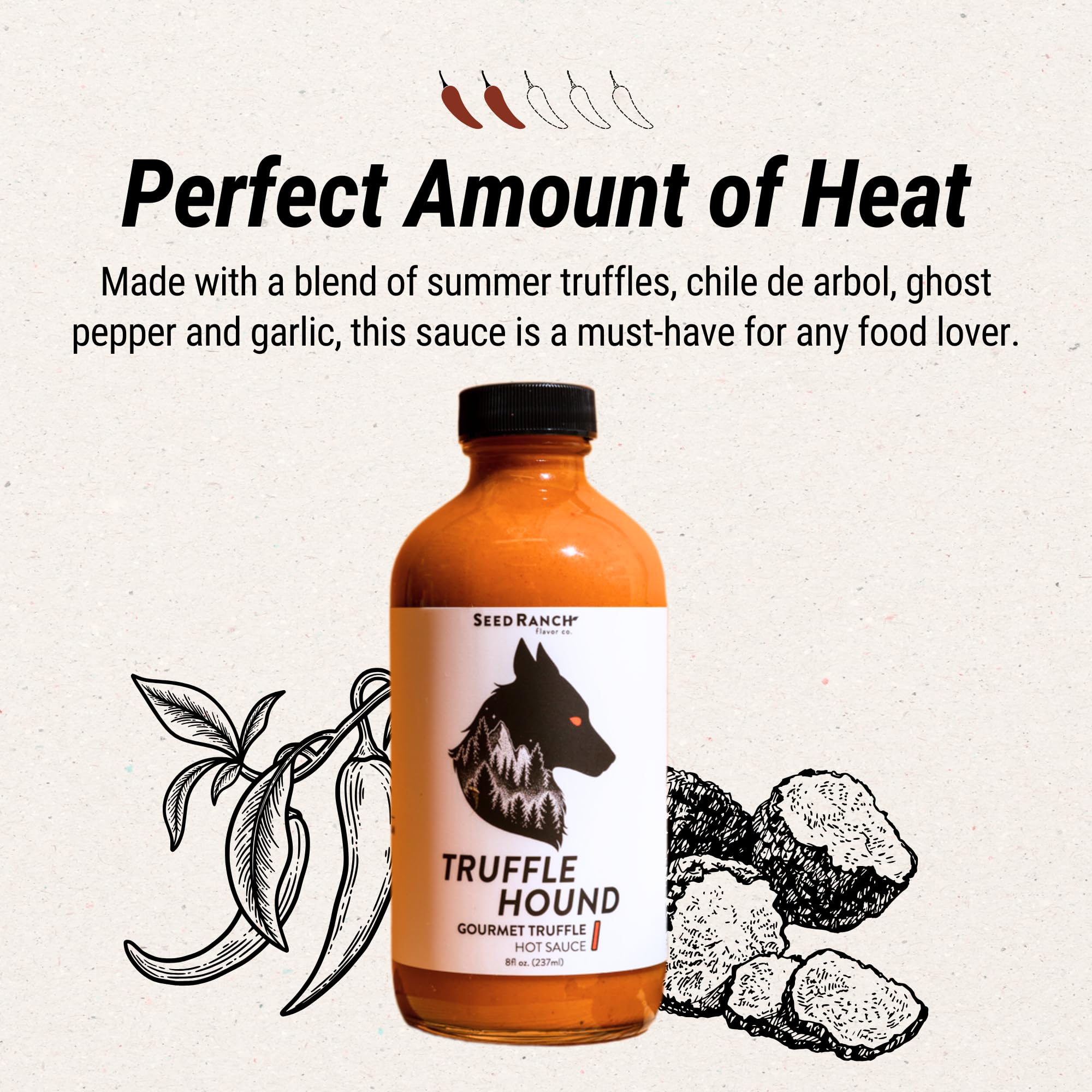 Seed Ranch Gourmet Truffle Hound Hot Sauce - Medium Heat - Spicy & Savory Truffle Hot Sauce with Chile de Arbol, Ghost Pepper & Garlic - Vegan