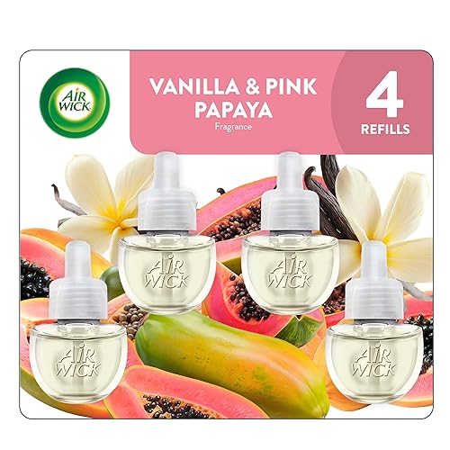 Air Wick Plug-In Scented Oil Refills, 4 Count, Vanilla & Pink Papaya, Air Freshener, Essential Oils, Eco Friendly