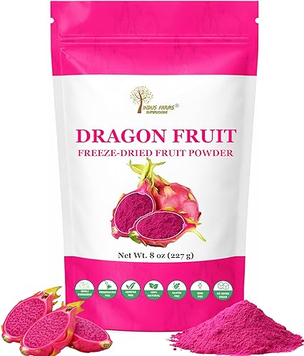 Indus Farms Freeze Dried Dragon Fruit Powder (Pitaya) - Vibrant Magenta Pink, Single Ingredient, No Added Sugar - Smoothies, Baking, Drinks & Yogurt