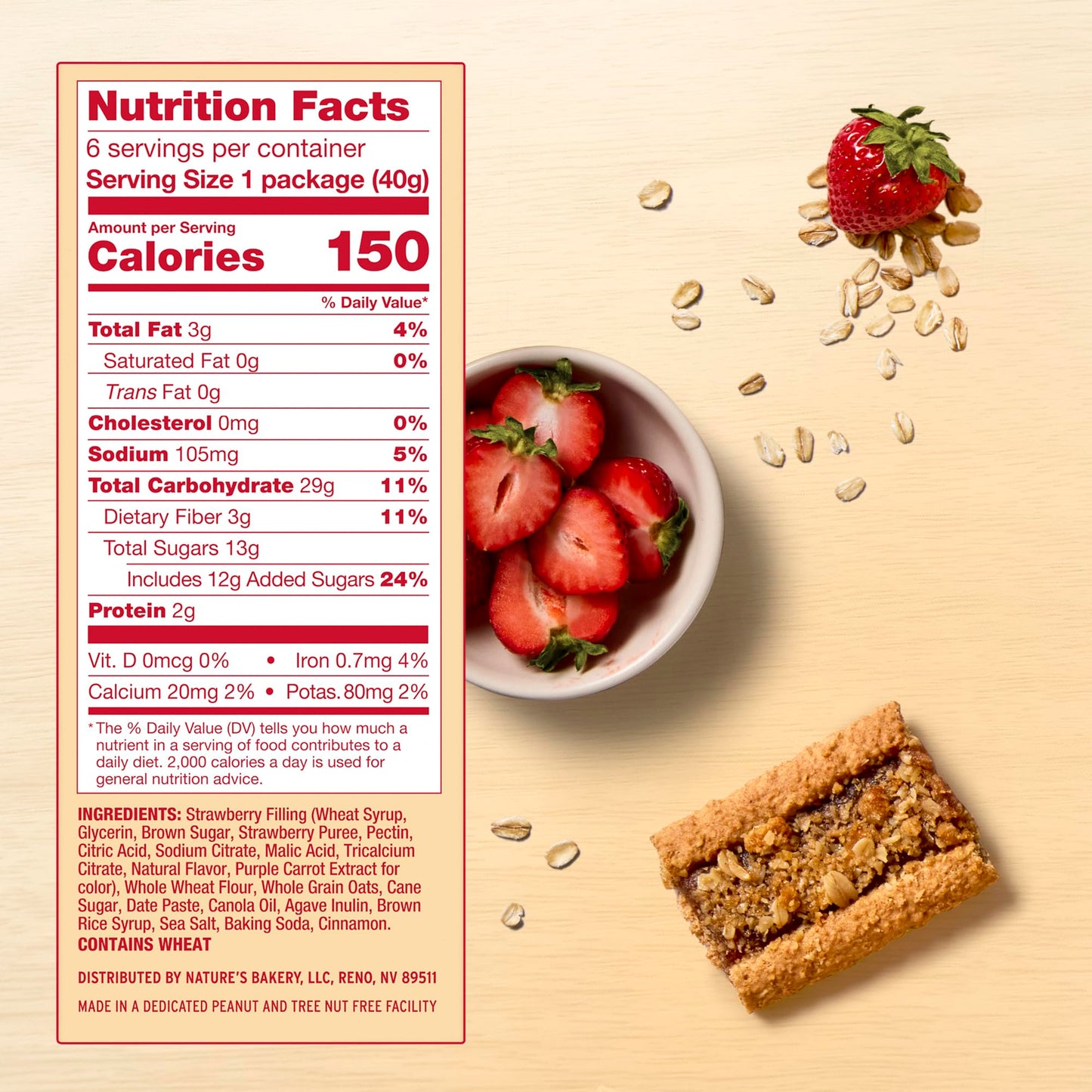 Nature’s Bakery Oatmeal Crumble Bars, Strawberry, Real Fruit, Vegan, Non-GMO, Breakfast bar, 6 Boxes With 6 Packs, 36 Count