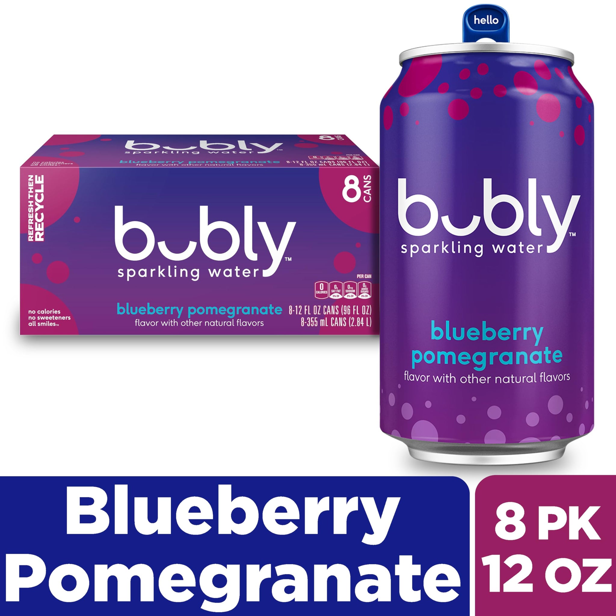bubly Sparkling Water, Blueberry Pomegranate, Zero Sugar & Zero Calories, 12 Fl Oz Cans (Pack of 8)