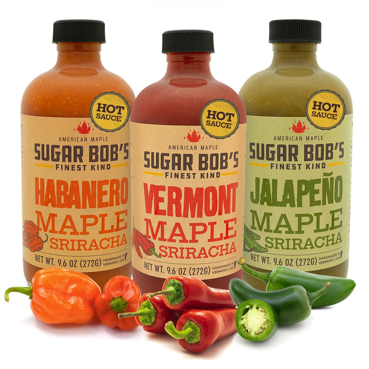 Sugar Bob's Finest Kind, Hot Sauce Variety Pack & Gift Set, Includes Vermont Maple Sriracha, Jalapeno and Habanero Hot Sauces, (Pack of 3)