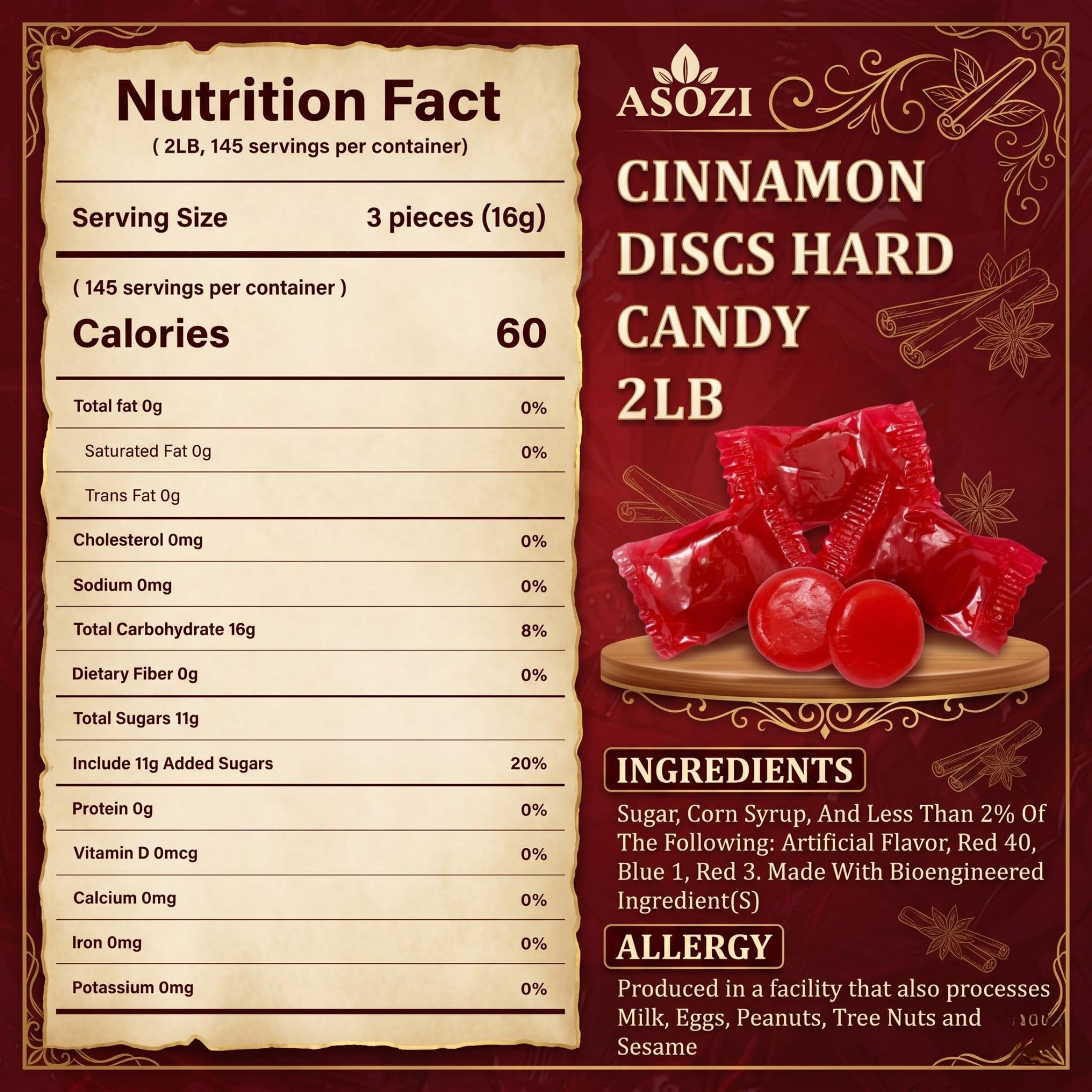 Cinnamon Discs Hard Candy 2 lb - Individually Wrapped Cinnamon Candy Old Fashioned Holiday Suckers - Spicy and Sweet Flavor - Perfect for Valentine's