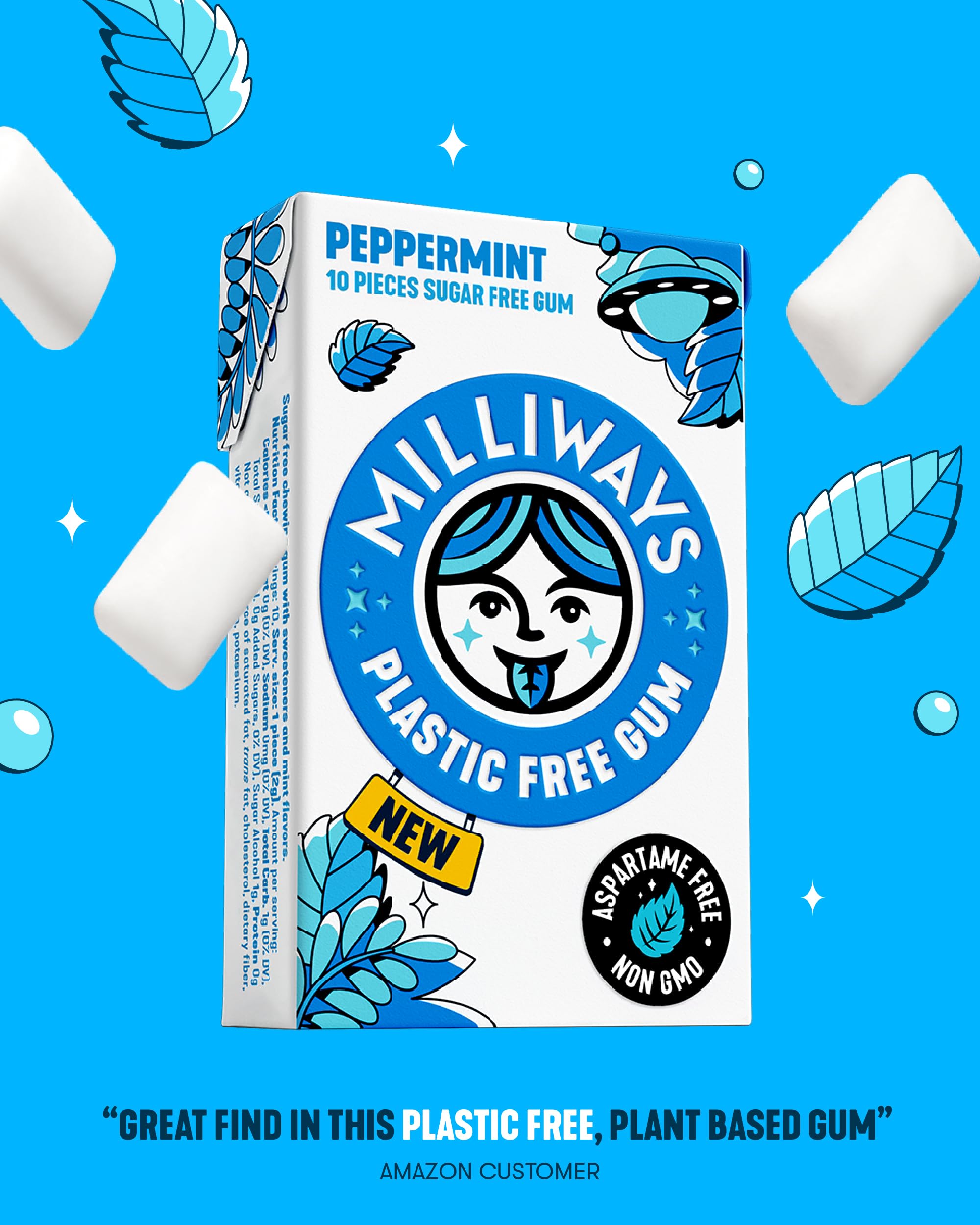 Milliways Peppermint | Plastic Free Gum | Xylitol, Aspartame-Free, Sugar-Free, Plant-Based, Natural Chewing Gum | 120 Pieces Total (12 Packs of 10