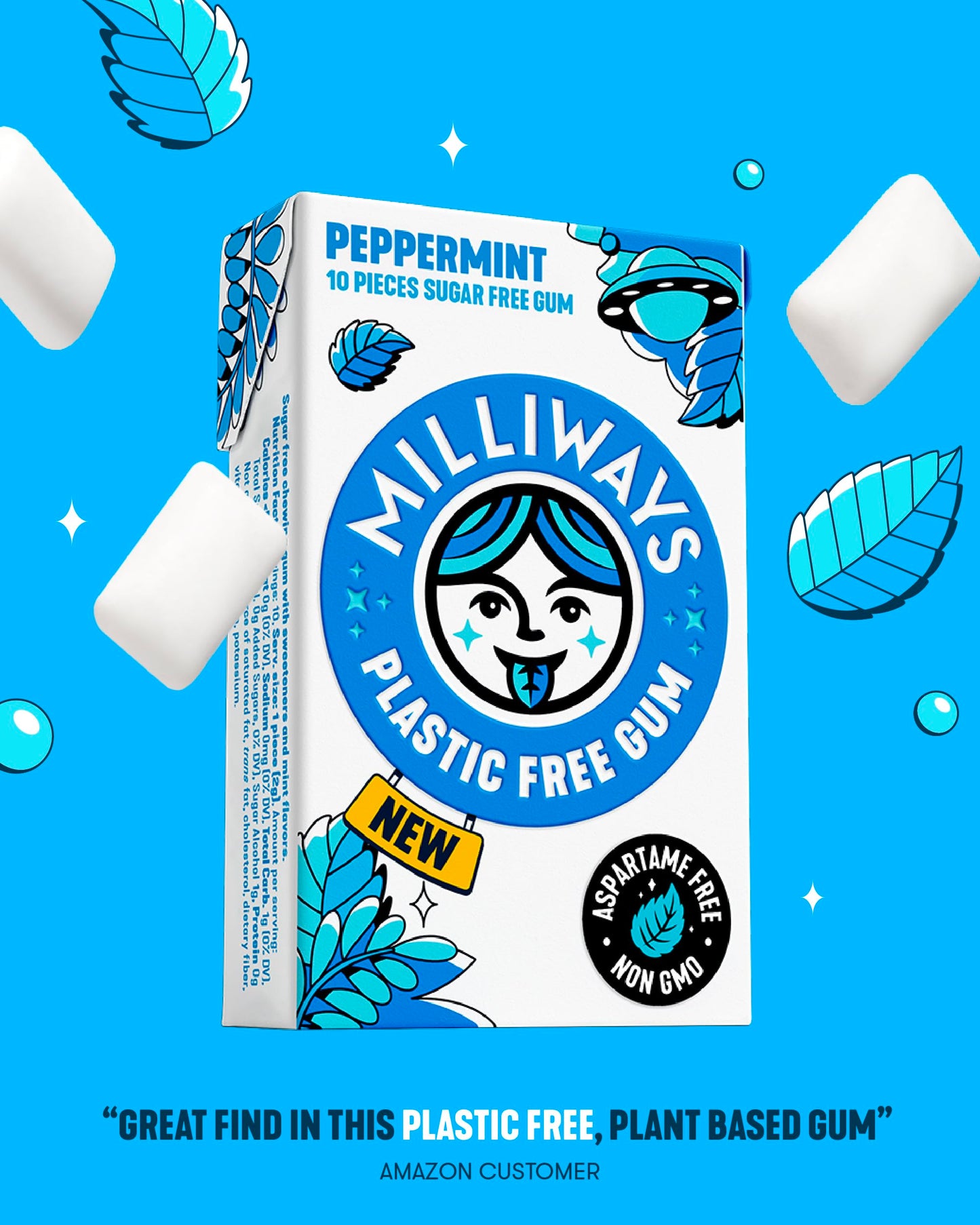 Milliways Peppermint | Plastic Free Gum | Xylitol, Aspartame-Free, Sugar-Free, Plant-Based, Natural Chewing Gum | 40 Pieces Total (4 Packs of 10