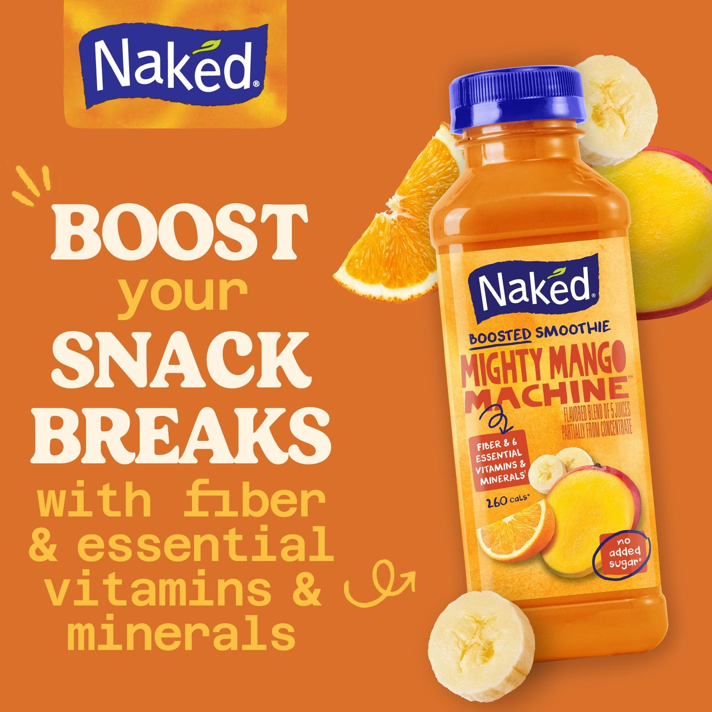Naked Boosted Smoothie Mighty Mango Machine, 15.2 fl oz Bottle - Real Fruit Juice Smoothie with Fiber, Excellent Source of Vitamin C and Vitamin E
