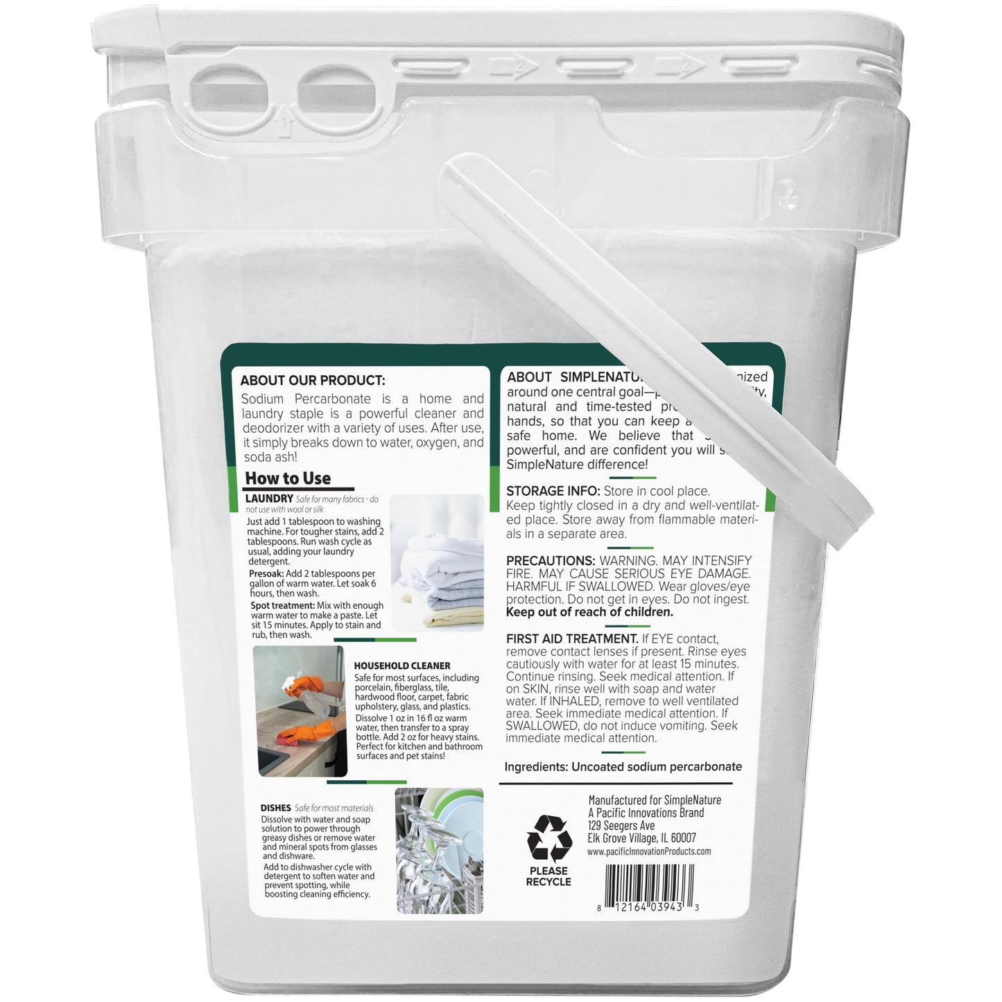 SimpleNature Sodium Percarbonate (40 lbs) - Versatile Scent-Free Cleaner for Home, Laundry, and Decking - Pure Oxygen Bleach - Convenient Container