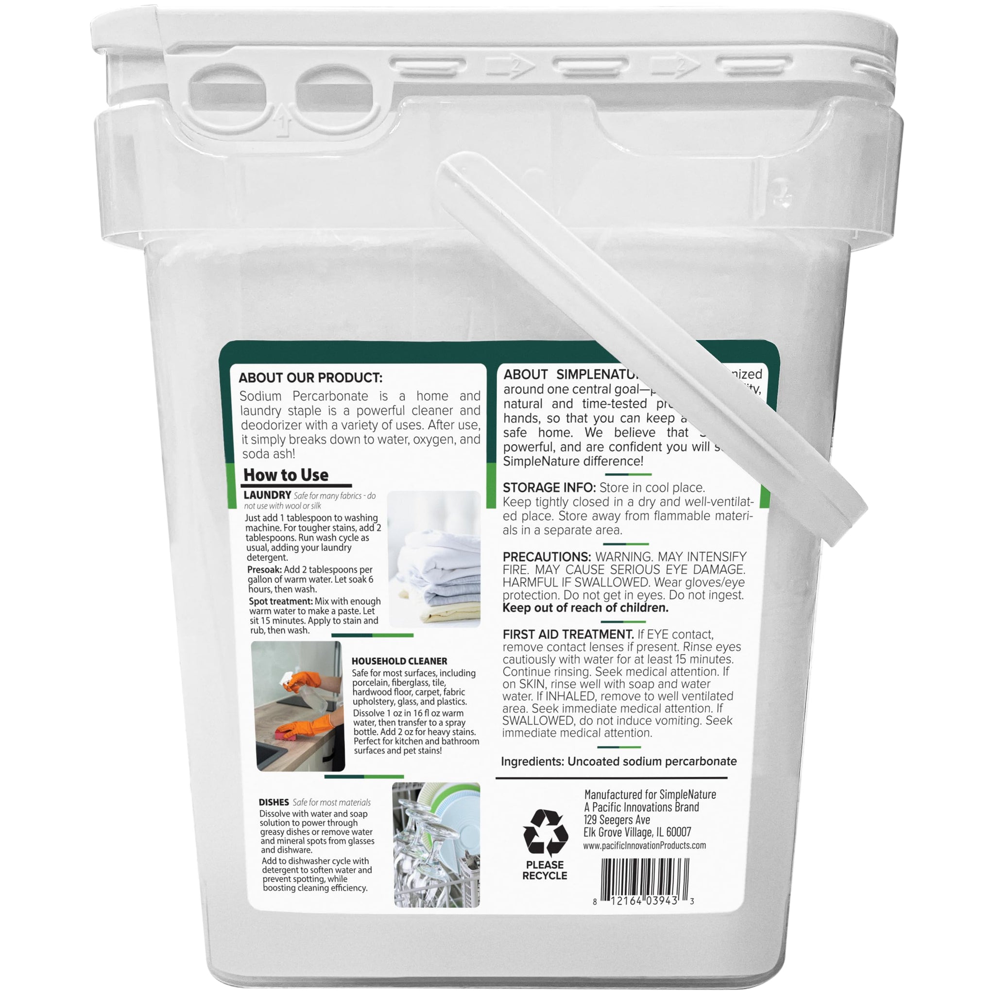 SimpleNature Sodium Percarbonate (40 lbs) - Versatile Scent-Free Cleaner for Home, Laundry, and Decking - Pure Oxygen Bleach - Convenient Container