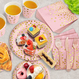 AIRE 175PCS Pink Rose Gold Plates Party Supplies Severs 25 Guests Disposable Party Decorations, Plastic Forks Knives Spoons, Golden Dot Paper Plates