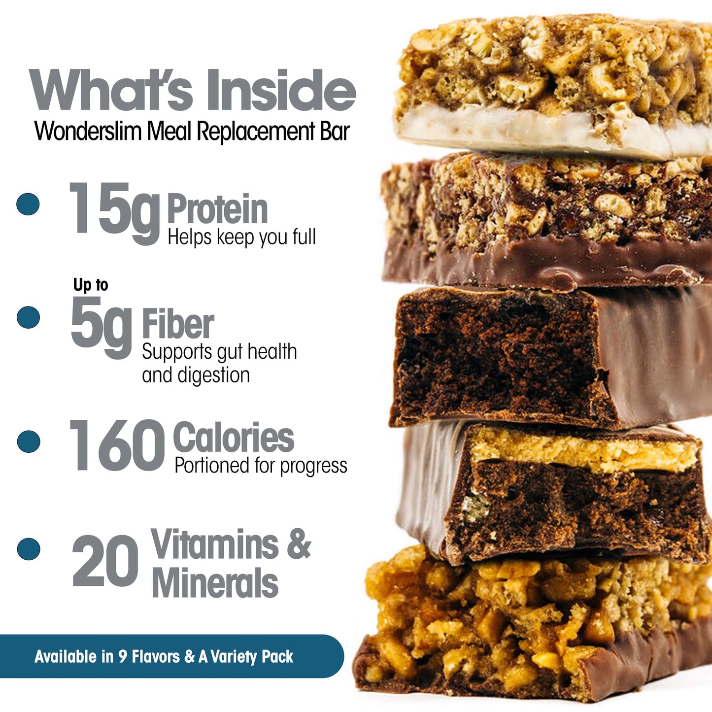 WonderSlim Meal Replacement Protein Bar, Variety Pack, 15g Protein, 20 Vitamins & Minerals (7ct)