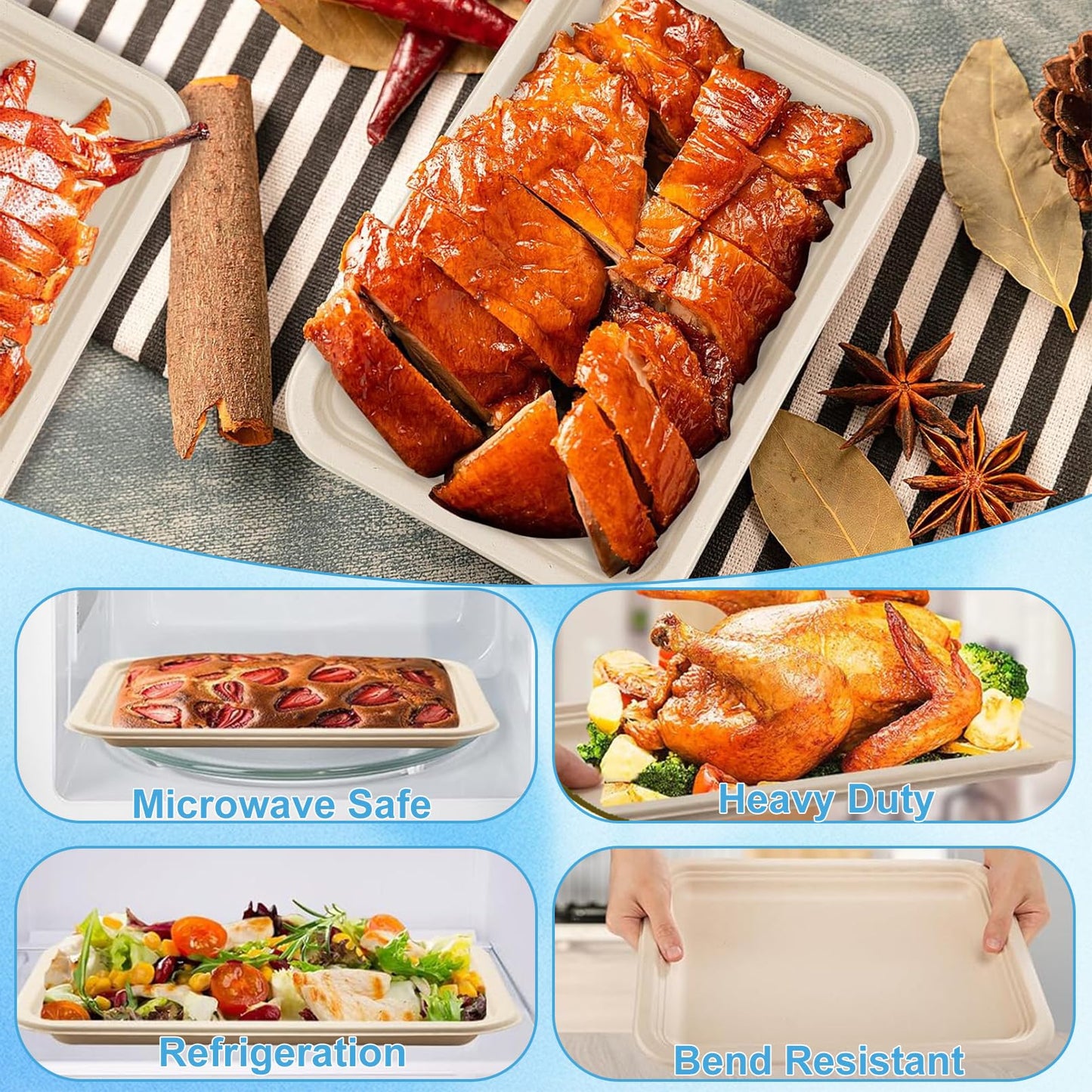 CACASO 50 Pack 14 inch Large Paper Plates, Disposable Food Trays, Heavy Duty Large Paper Plates, Compostable Sugarcane Platters, Disposable Serving