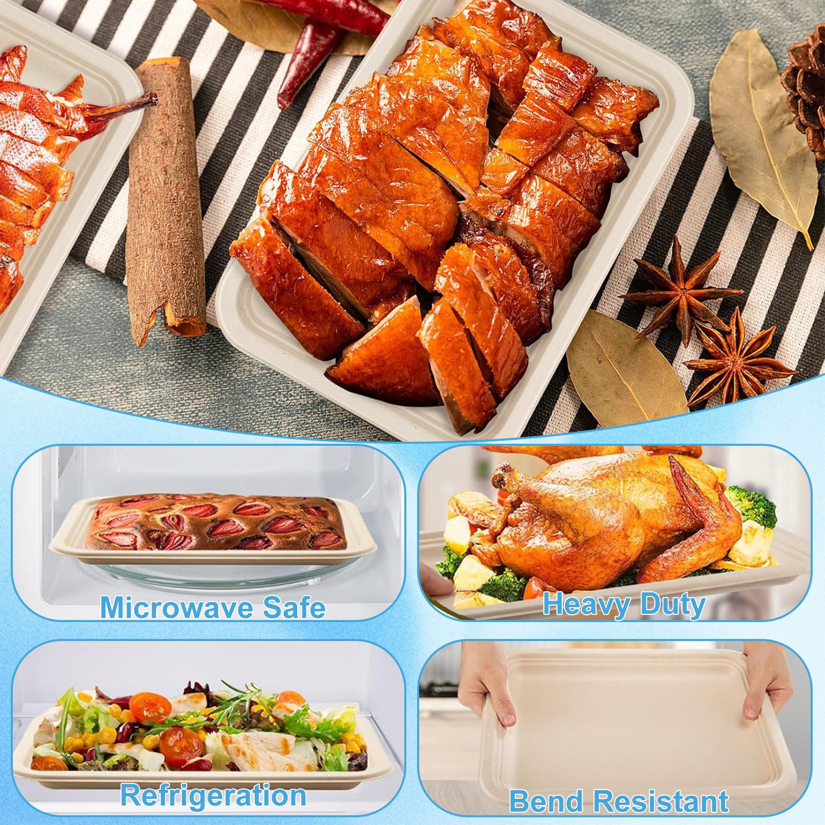 CACASO 50 Pack 14 inch Large Paper Plates, Disposable Food Trays, Heavy Duty Large Paper Plates, Compostable Sugarcane Platters, Disposable Serving
