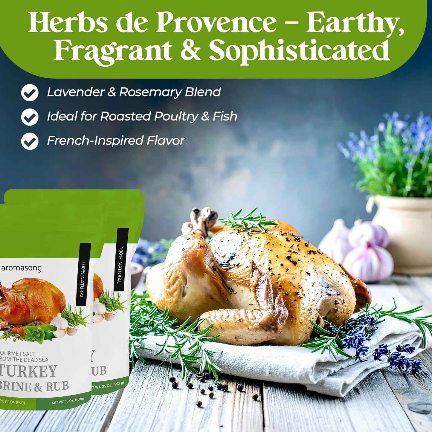 Aromasong Turkey Brine - 100% Natural - 2 LB Pack of 2 (Total of 4 LB) - For Wet & Dry Brining. (Herbs De Provence seasoning) (4 LB)