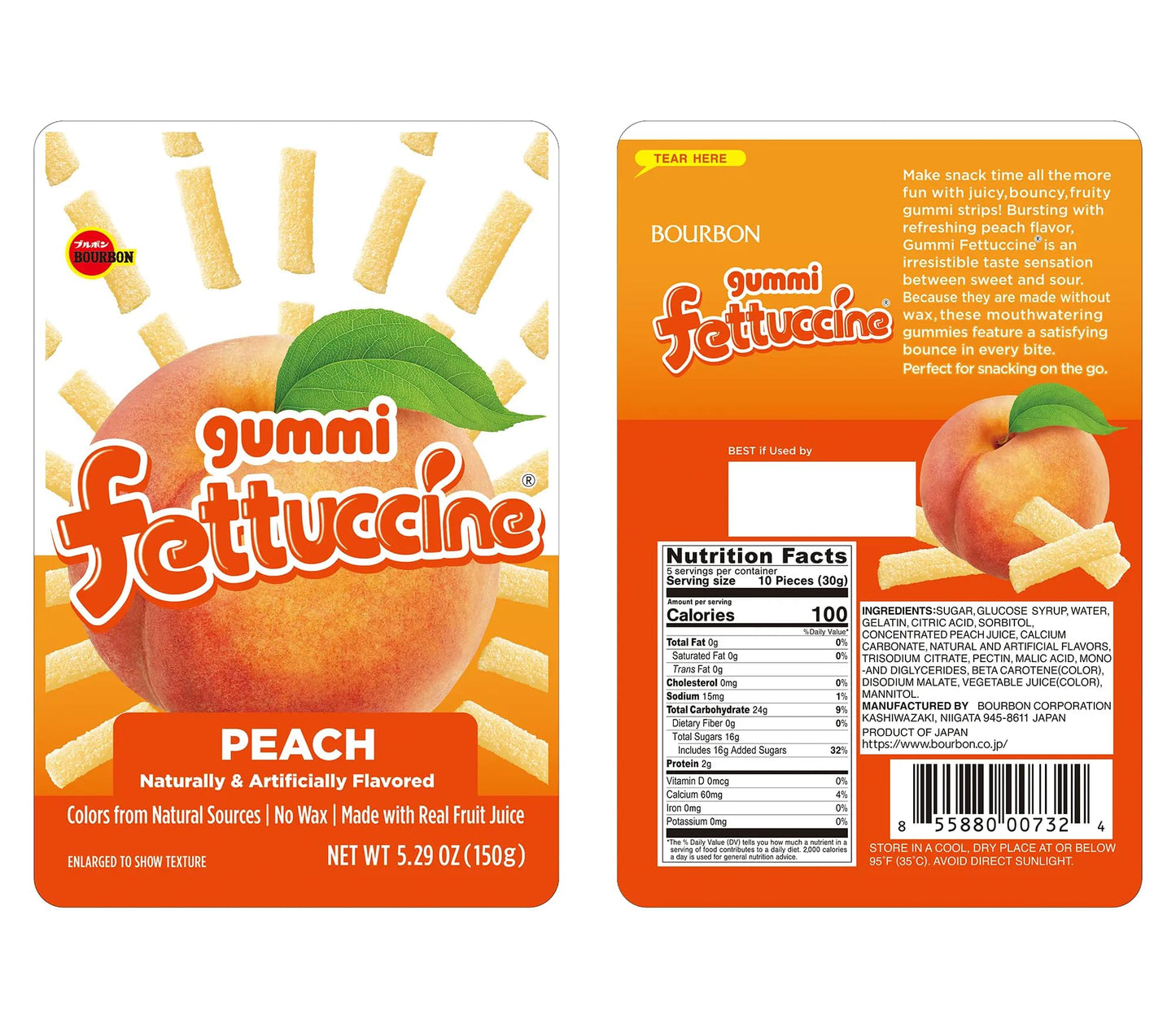 Bourbon Fettuccine Gummi Peach 6 -Pack - Japanese Tangy & Chewy Gummy Strips with Real Fruit Juice Share Size (5.29 OZ)