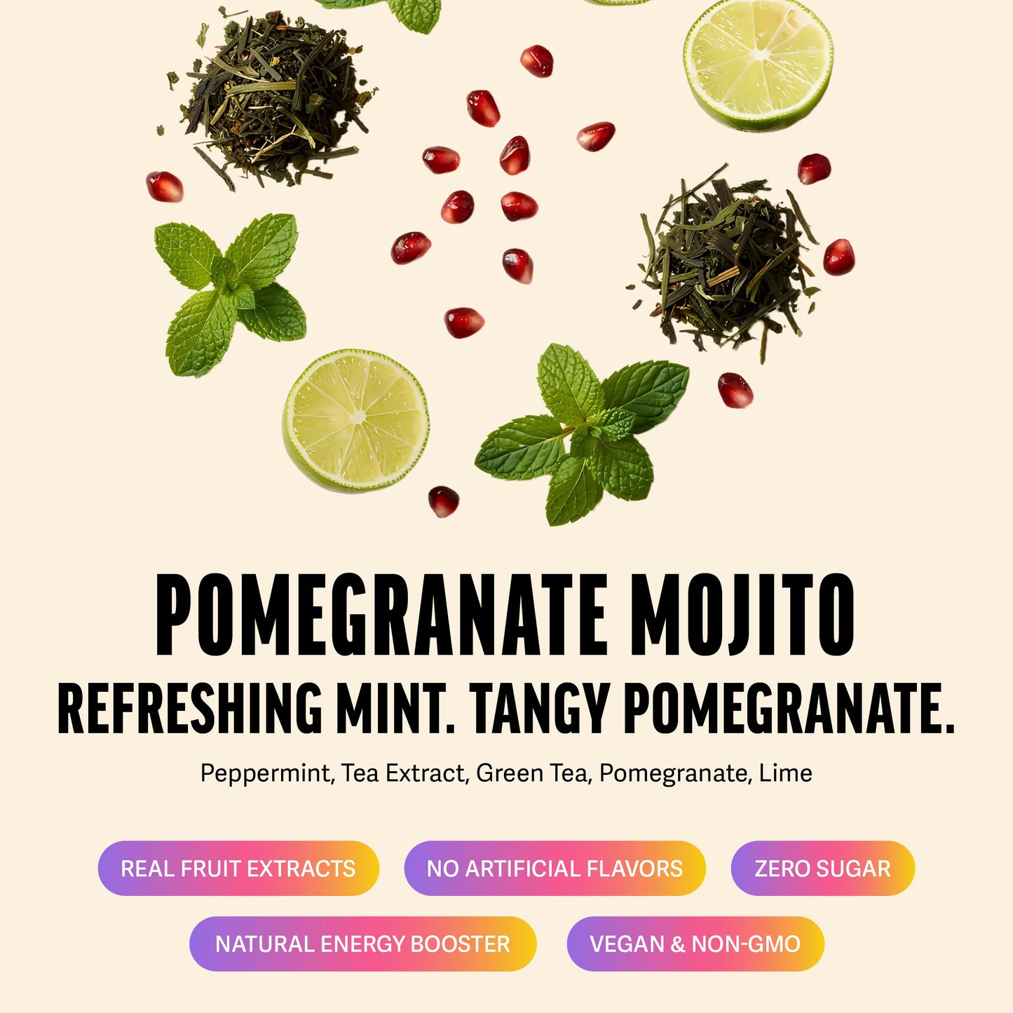 Zest Energy Green Tea - Pomegranate Mojito High Caffeine Tea Bags for Focus & Morning Energy - Natural Caffeinated Tea with 135mg Caffeine - Coffee