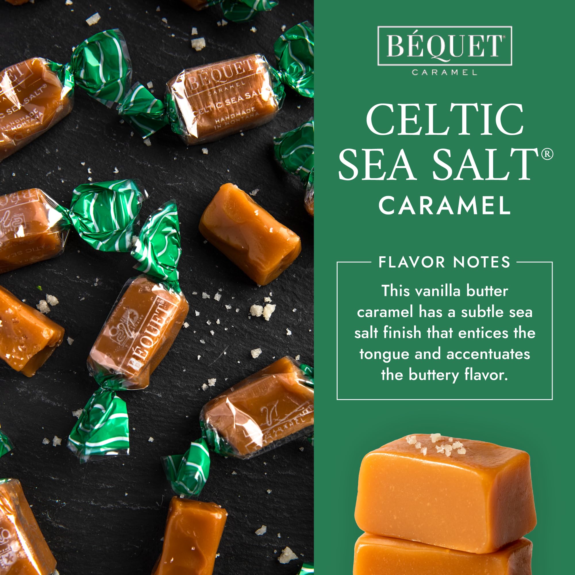 Béquet Caramel - Celtic Sea Salt Caramel - Gourmet Caramel Candy - Salted Caramel Candy Individually Wrapped - Made in Montana - Kosher (Star D)