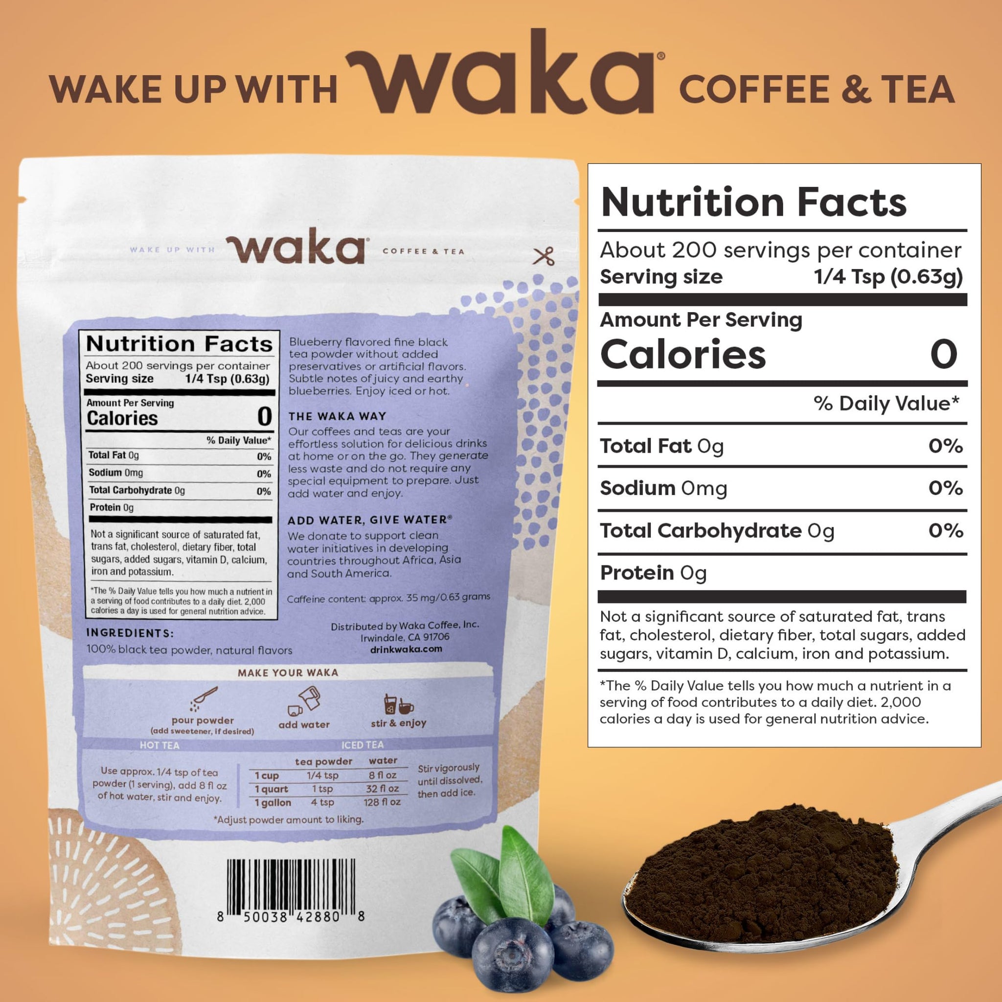 Waka Instant Black Tea Mix, Blueberry Flavored - 100% Tea Leaves, No Additives, Unsweetened Tea Powder for 50 Quarts or 200 Cups - Easy and Quick Hot