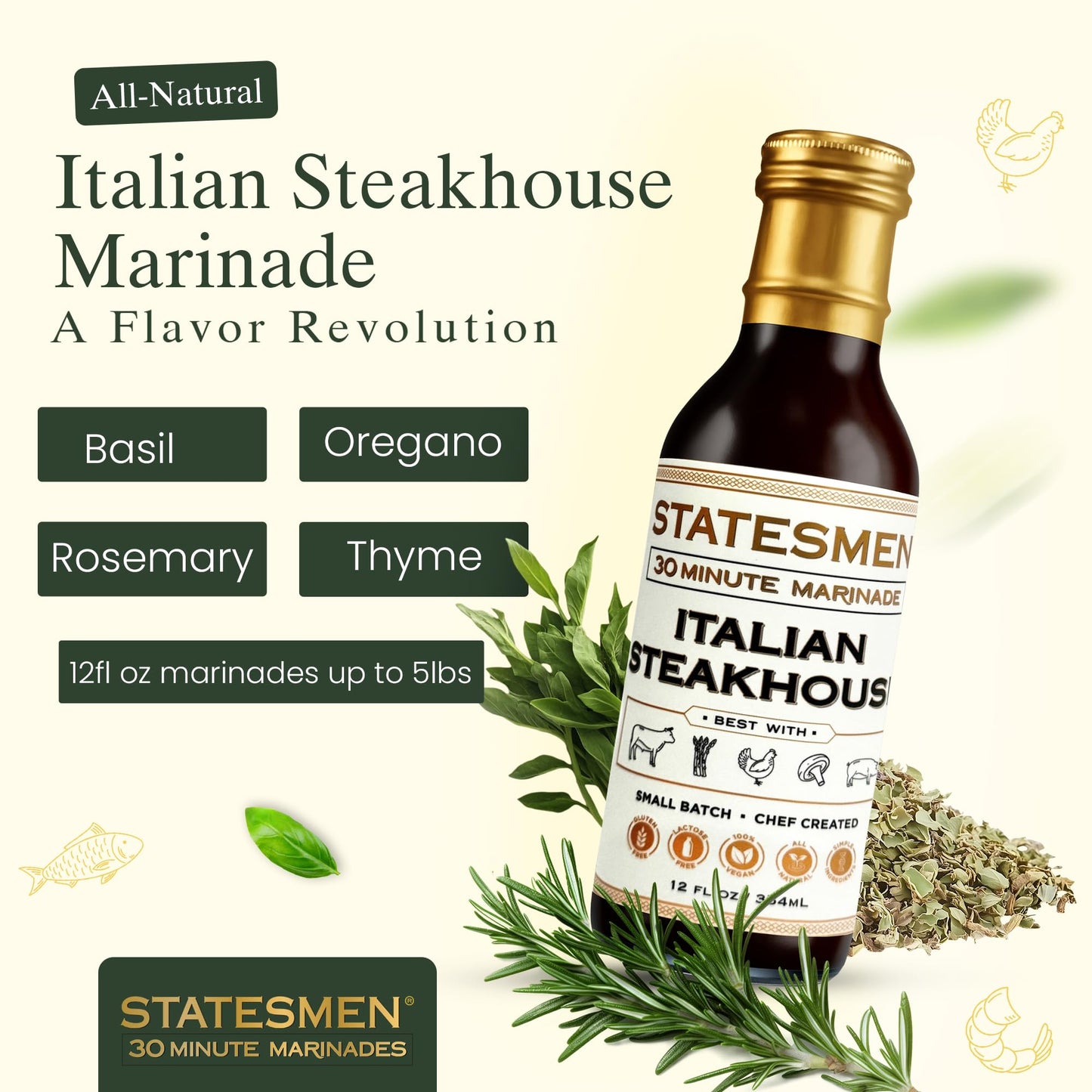 Statesmen Italian Steakhouse 30 Minute Marinade, 12 oz - Gluten-Free, Vegan, Lactose-Free Italian Herb Marinade for Chicken, Steak, Pork & Vegetables