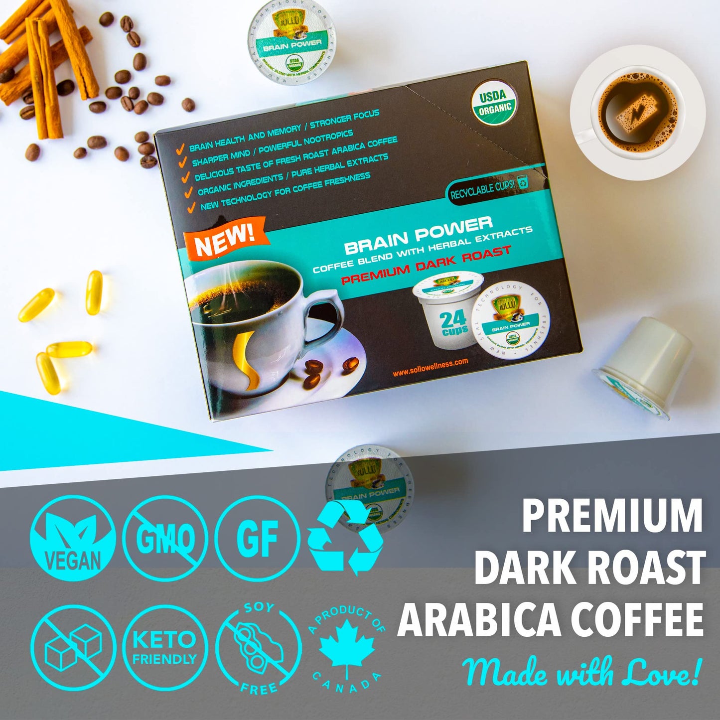 SOLLO Brain Power Dark Coffee Pods MCT & Essential nutrition, Nootropic Brain Booster, For Memory & Focus Compatible with 2.0 K-Cup Keurig Brewers, 24
