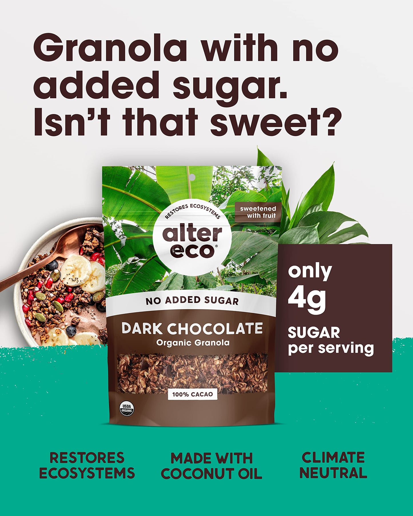 Alter Eco Dark Chocolate Granola, Healthy, Organic Breakfast & Snack, Naturally Sweetened with Fruit, Vegan, No Artificial Sugars or Additives