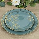 TCF Linen Dinner Plates Set for 50 Guests, Dusty Blue Plastic Party Plates With Metallic Gold Floral Design, 50x 8 inch inch Salad Plates + 50x 10