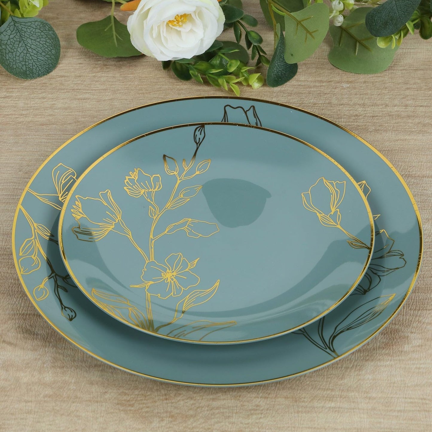 TCF Linen Dinner Plates Set for 50 Guests, Dusty Blue Plastic Party Plates With Metallic Gold Floral Design, 50x 8 inch inch Salad Plates + 50x 10