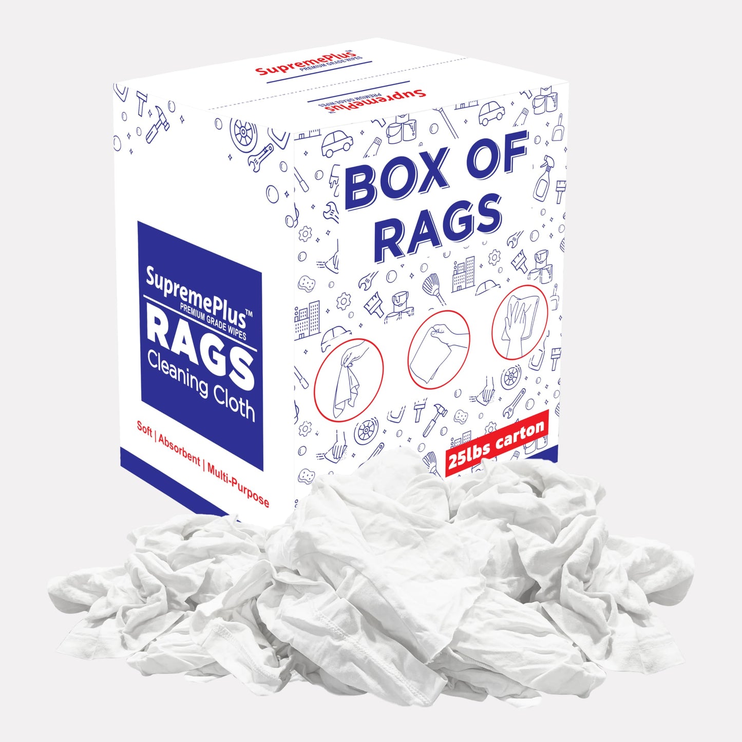 SupremePlus Recycled White T-Shirt Cleaning Rags (25 lbs. Box) - Shop Rags Bulk for Oil, Stain, Grease, Paint, and Auto Cleaning, Multipurpose White