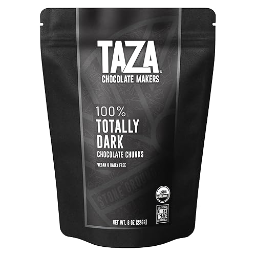 Taza Chocolate 100% Totally Dark Organic Chocolate Chunks (8 oz) - Unsweetened, No Sugar Added for Baking, Snacking, & Keto - Made from Ethically