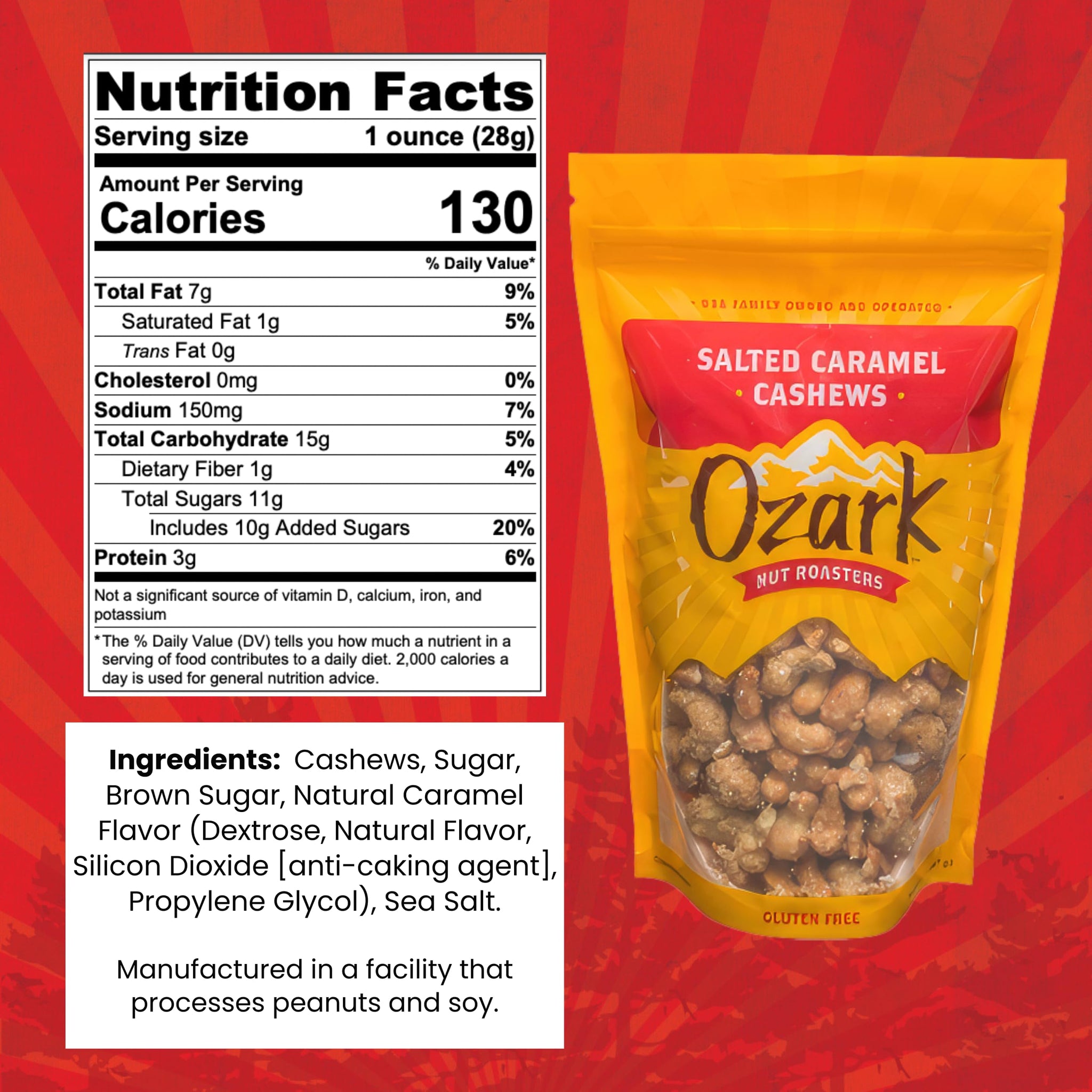 OZARK NUT ROASTERS, Salted Caramel Cashews, Flavored Snack Nuts, Gluten-Free Gourmet Candied Cashews, Blend of Sugar, Sea Salt & Caramel (14 oz)