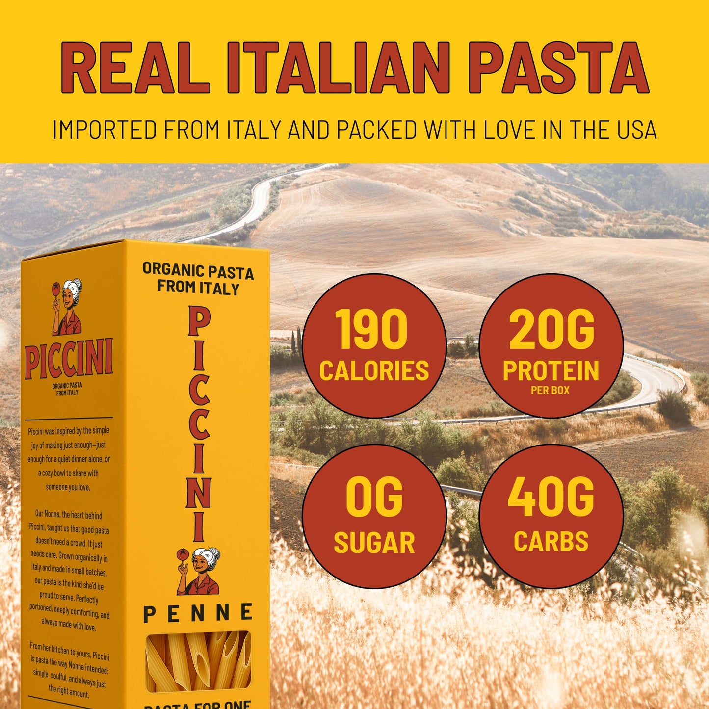 Piccini Organic Penne Pasta for One - High-Protein (20g per box) Single-Serve Italian Pasta Packs | 100% Organic Durum Wheat | Imported from Italy |
