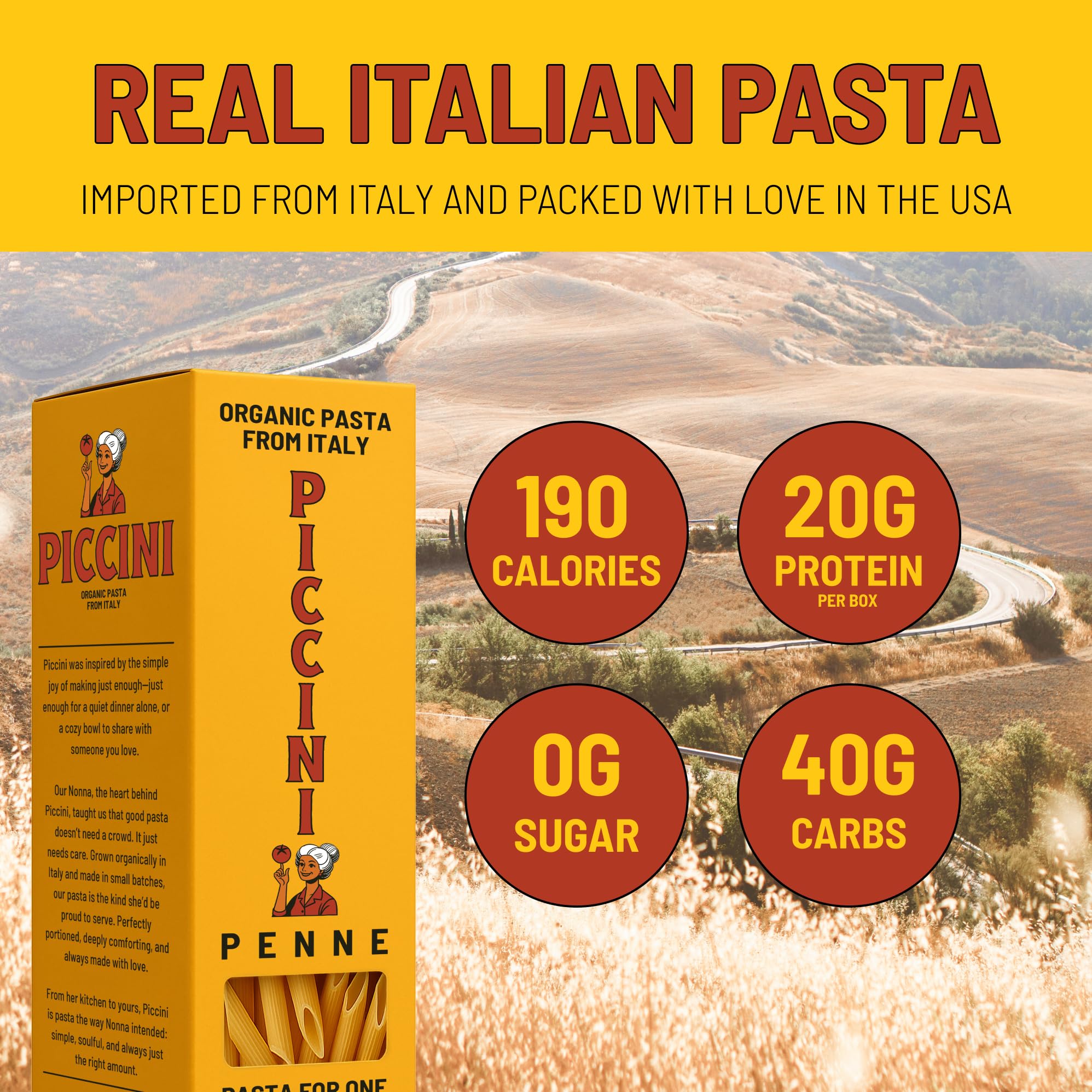 Piccini Organic Penne Pasta for One - High-Protein (20g per box) Single-Serve Italian Pasta Packs | 100% Organic Durum Wheat | Imported from Italy |