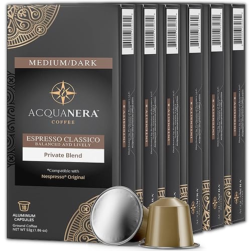 Acquanera Coffee, Espresso Aluminum Capsules, 60 Coffee Pods, Espresso Classico Medium Roast, Intensity 8, Single Cup Brews 1.35oz