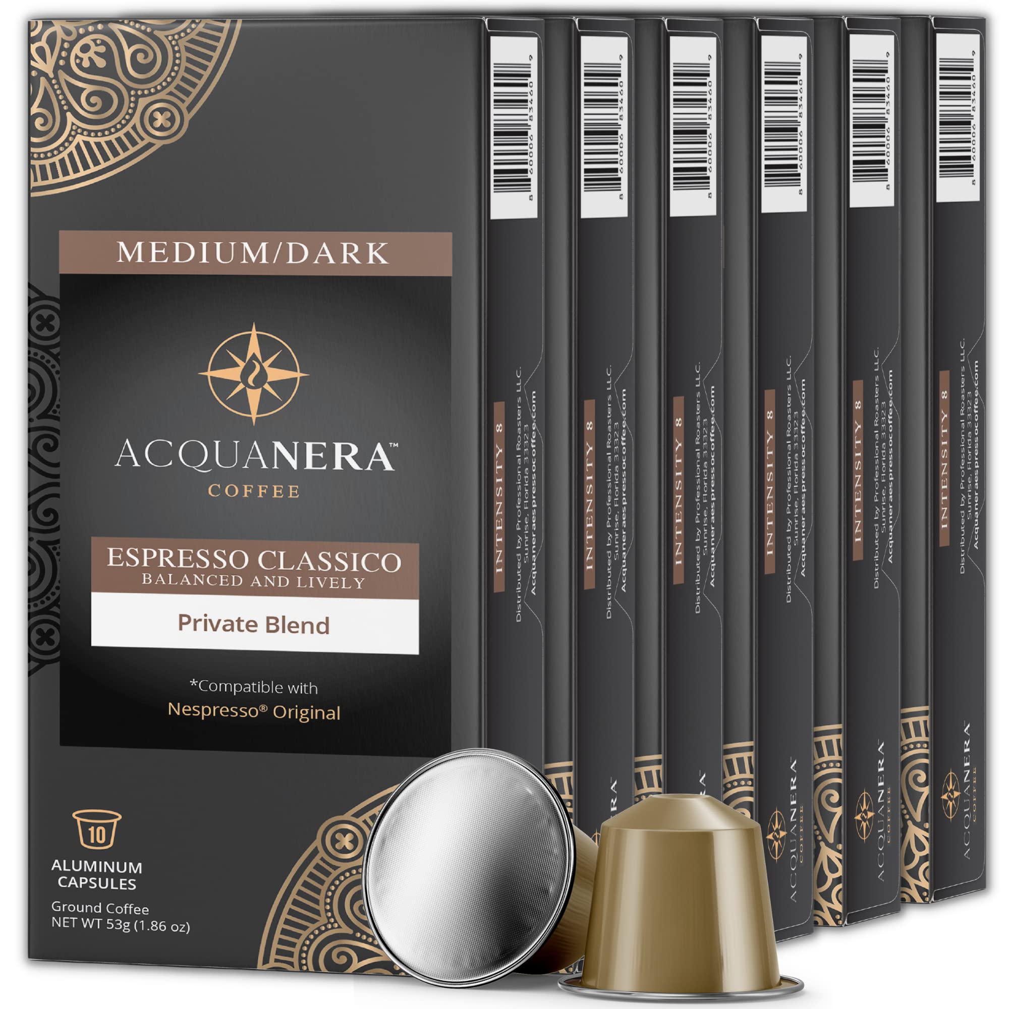 Acquanera Coffee, Espresso Aluminum Capsules, 60 Coffee Pods, Espresso Classico Medium Roast, Intensity 8, Single Cup Brews 1.35oz