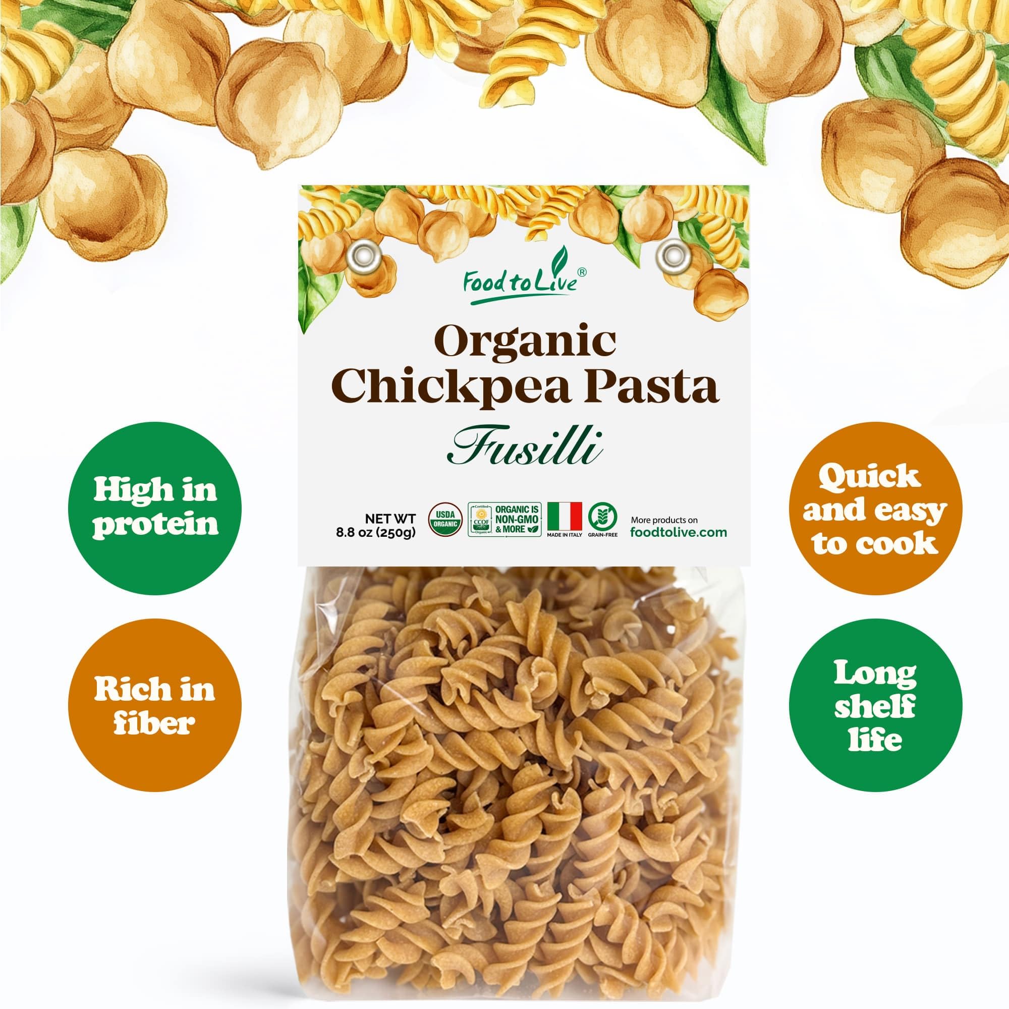 Food to Live Organic Chickpea Fusilli Pasta, 8.8 OZ (Pack of 2) - Non-GMO, Single Ingredient. No Additives. No Major Allergens. Good Source of Plant