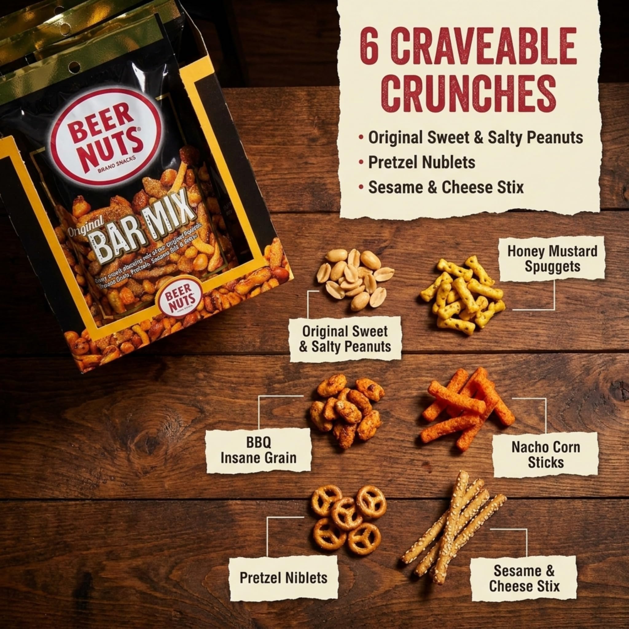 BEER NUTS Original Bar Mix - 12-Count 4oz Single Serve Bags, Pretzels, Cheese Sticks, Sesame Sticks, Roasted Corn Nuts, and Original Peanuts