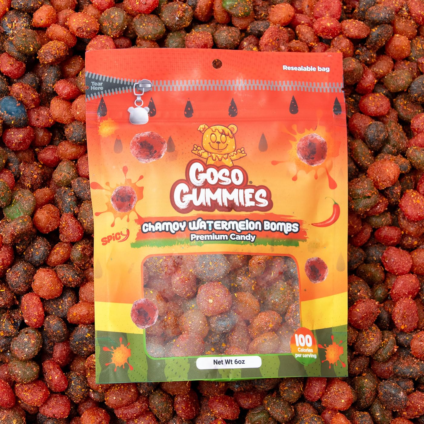 Goso Gummies Chamoy Watermelon Gusher Bombs - 6oz Bag - Spicy, Tangy & Sweet Chamoy Watermelon Filled Candy