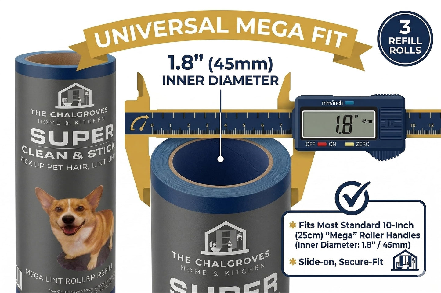 The Chalgroves 10 Inch Mega Lint Roller Refills (3 Pack, 150 Sheets) - Extra Sticky Pet Hair Remover, Compatible with Evercare, Layers & Smart Design