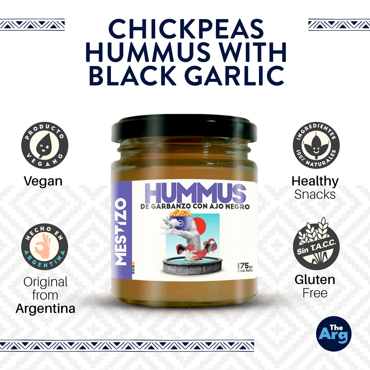 THEARG THE ARG | Chickpeas Hummus with Black Garlic | Dip your Chips Crackers Bread and More | Healthy Snacks 100% Natural | 175g