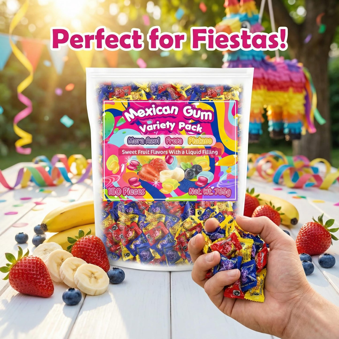 Mexican Bubble Gum Variety Pack, 150 Pcs. Authentic Bubblegum Fruit Flavors, Banana, Strawberry, and Blueberry, by Don Turinos
