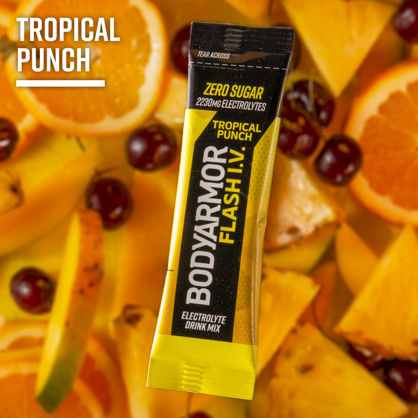 BODYARMOR Flash I.V. Electrolyte Packets, Tropical Punch, Zero Sugar Drink Mix, Single Serve Packs, Coconut Water Powder, Hydration for Workout