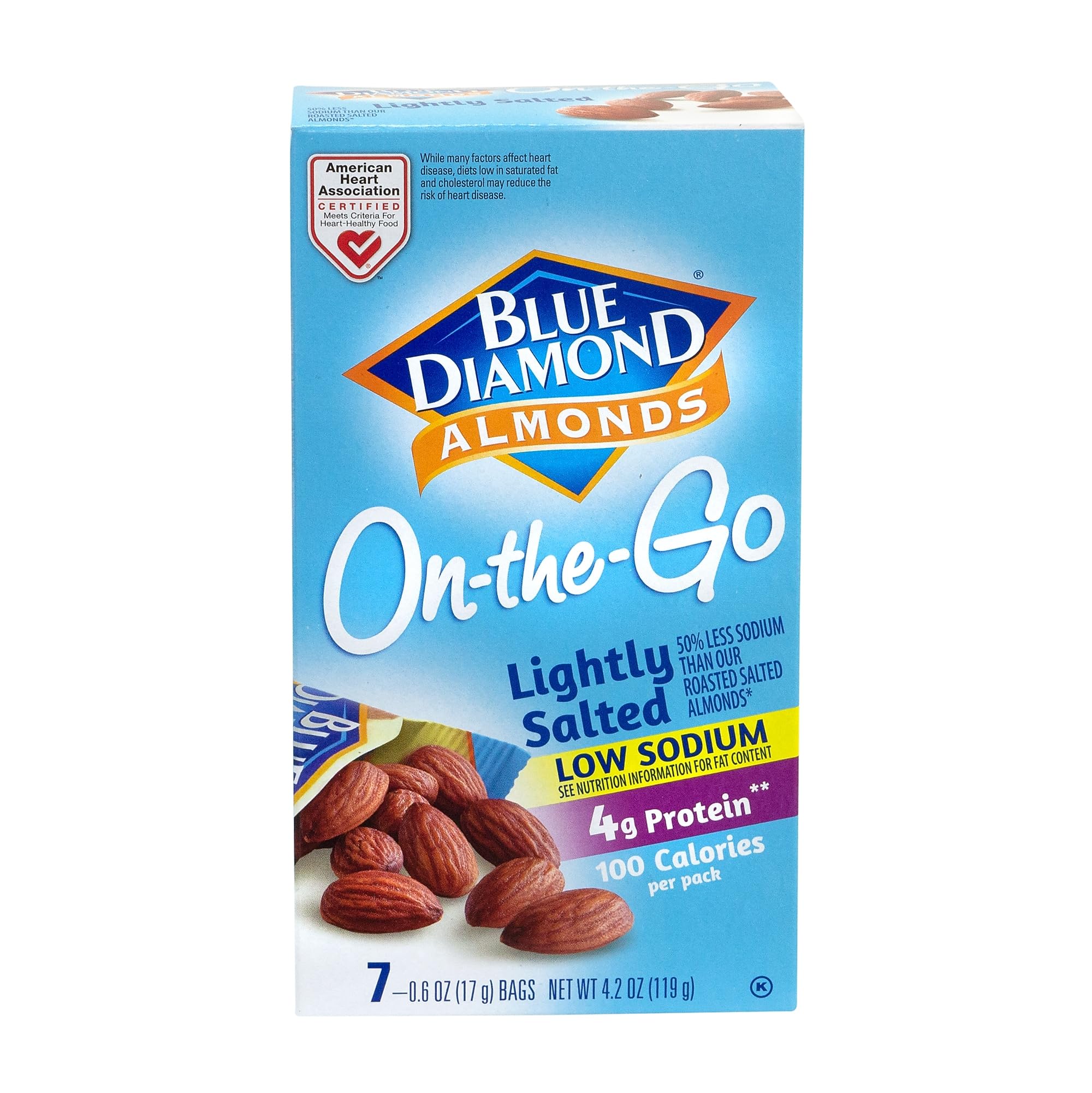 Blue Diamond Almonds, Low Sodium Lightly Salted, 100 Calorie On-The-Go Bags, (Pack of 7)