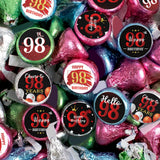 Happy 98th Birthday Party Favor Labels Chocolate Candy Stickers - 98 Years Old Birthday Round Candy Sticker Party Favors - Black and Red - 150
