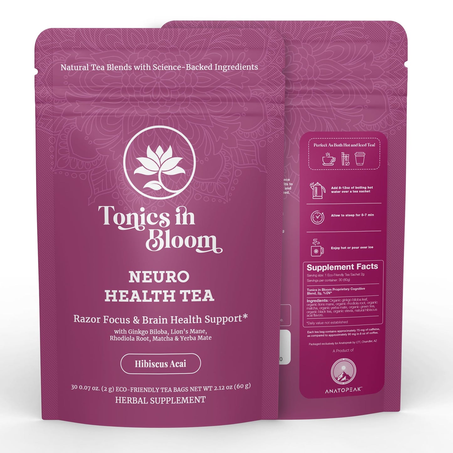 ANATOPEAK Brain Health Organic Herbal Tea - Yerba Mate, Rhodiola, Ginkgo Biloba, Lions Mane Mushroom, Green Tea and Matcha - For Brain Support