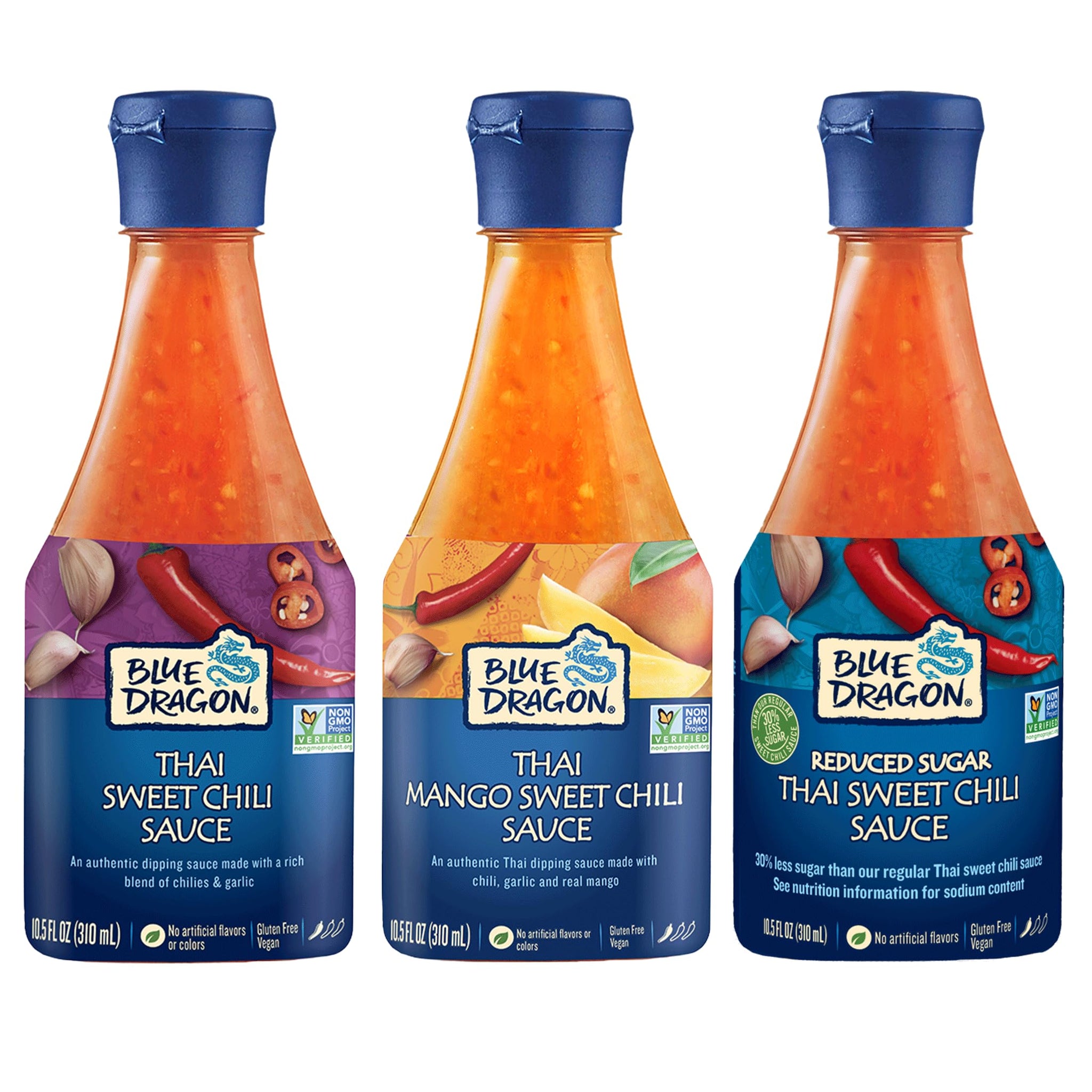 Blue Dragon Sweet Chili Sauce, RS Sweet Chili, & Mango Sauce, Variety Pack of 3 (10.5 oz Each) - No Artificial Flavors Or Preservatives, Vegan