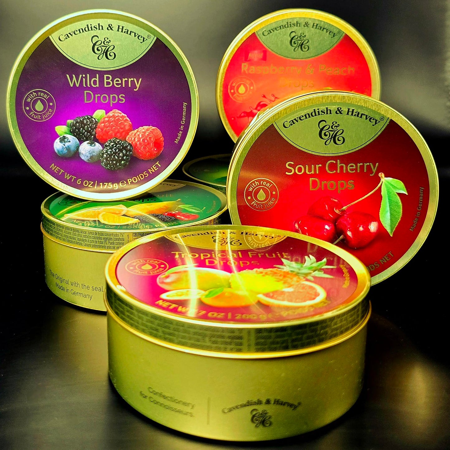 Cavendish and harvey variety flavor hard candy drops sour cherry, wild berry, tropical fruit, sour lemon, raspberry and peach, mixed fruit and other