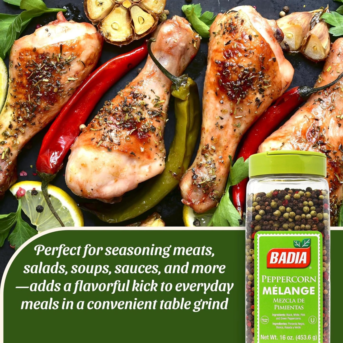 Badia Whole Peppercorn Blend, 16 Oz - Black, White, Green & Pink Pepper Melange for Spicy, Fruity, Woody Flavors - Gluten Free